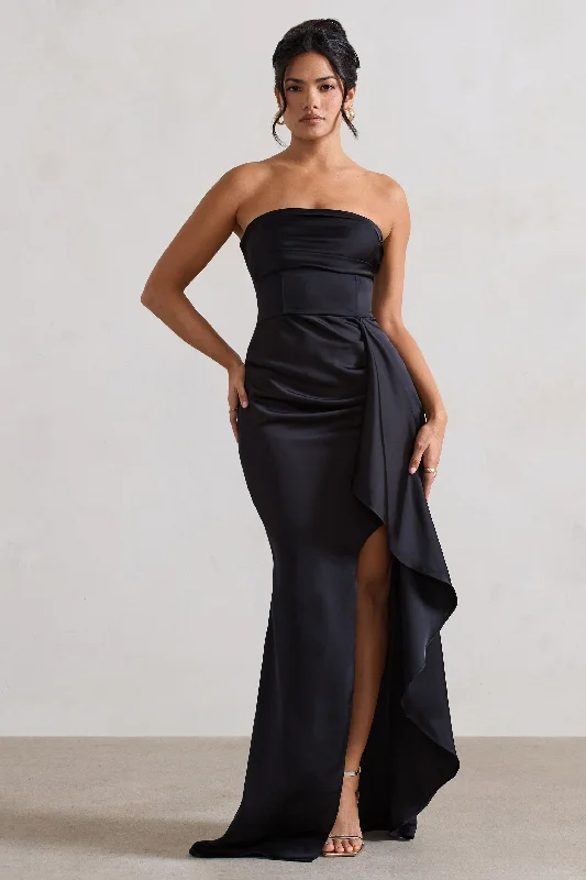 Ace | Black Satin Bandeau Split Maxi Dress With Ruffle Drape