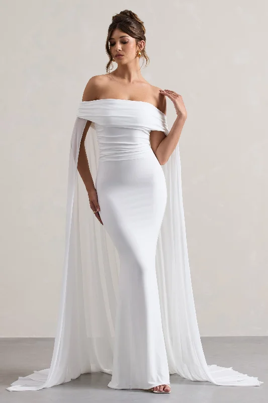 Carlotta | White Bardot Maxi Dress With Chiffon Cape