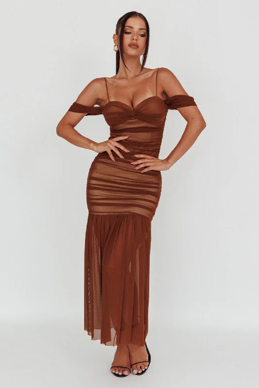 La Salle Ruched Mesh Maxi Dress Chocolate