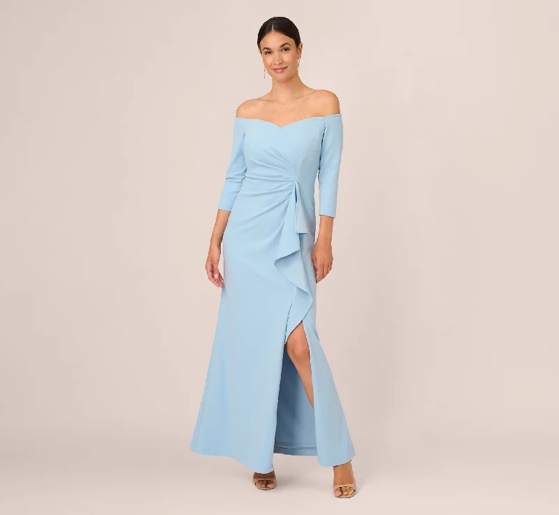 Off The Shoulder Cascading Ruffle Gown In Blue Mist