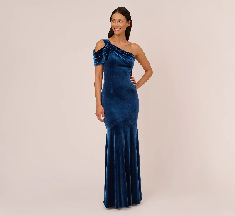 One Shoulder Velvet Mermaid Gown With Drape Sleeve In Ocean Wave