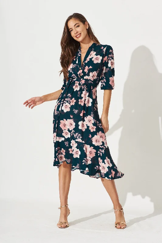 Jemimah Midi Dress In Teal With Blush Floral