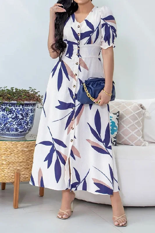 Leaf Print Classic Puff Sleeve Single Breasted Midi Dress