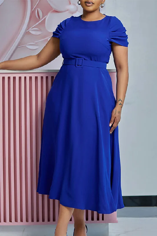 Solid Color Ruched Sleeve Classic Belted Midi Dress