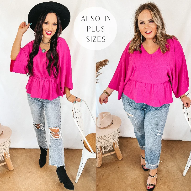 Switch It Up 3/4 Drop Sleeve Peplum Blouse in Fuchsia Pink