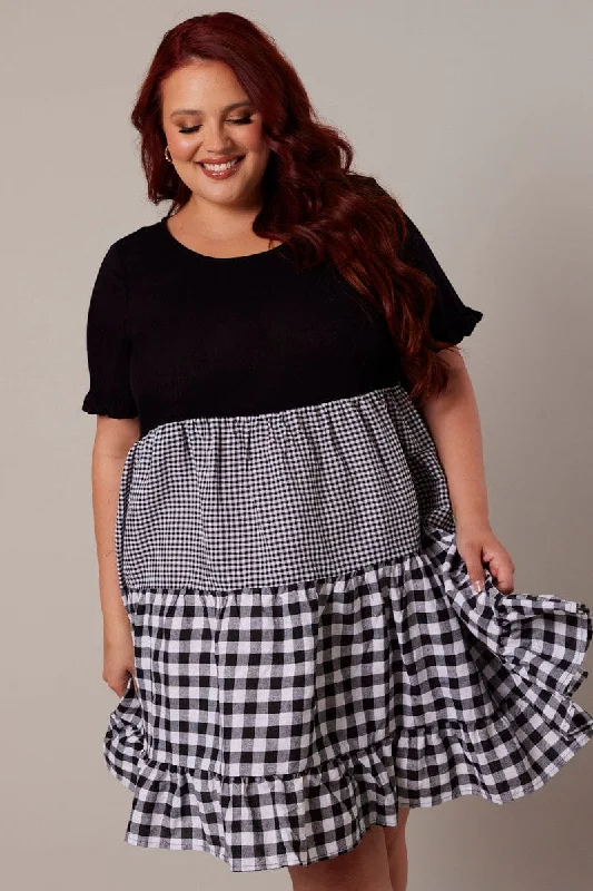 Black Check Smock Dress Short Sleeve Tiered