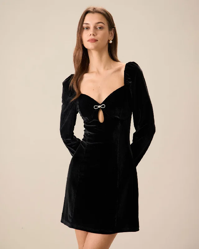 Women's Black Puffed Sleeve Velvet Mini Dress